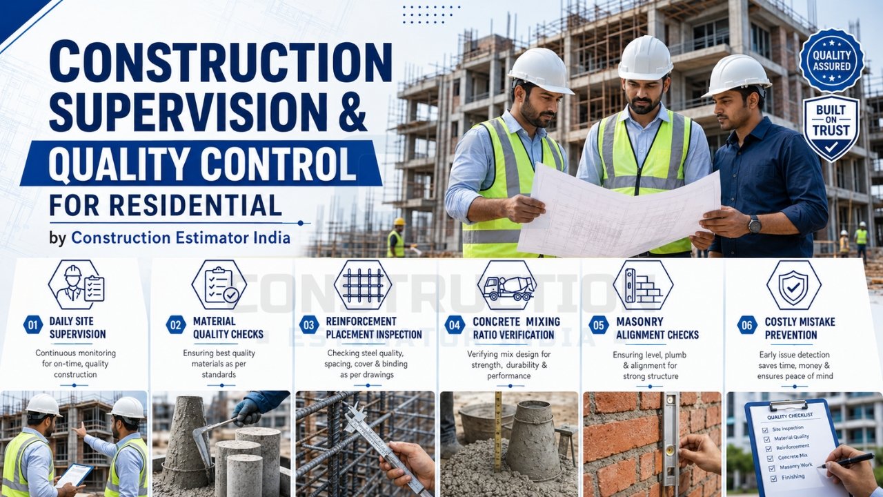 Construction supervision and quality control infographic highlighting site monitoring, material inspections, reinforcement checks, concrete quality verification, masonry alignment, and mistake prevention.