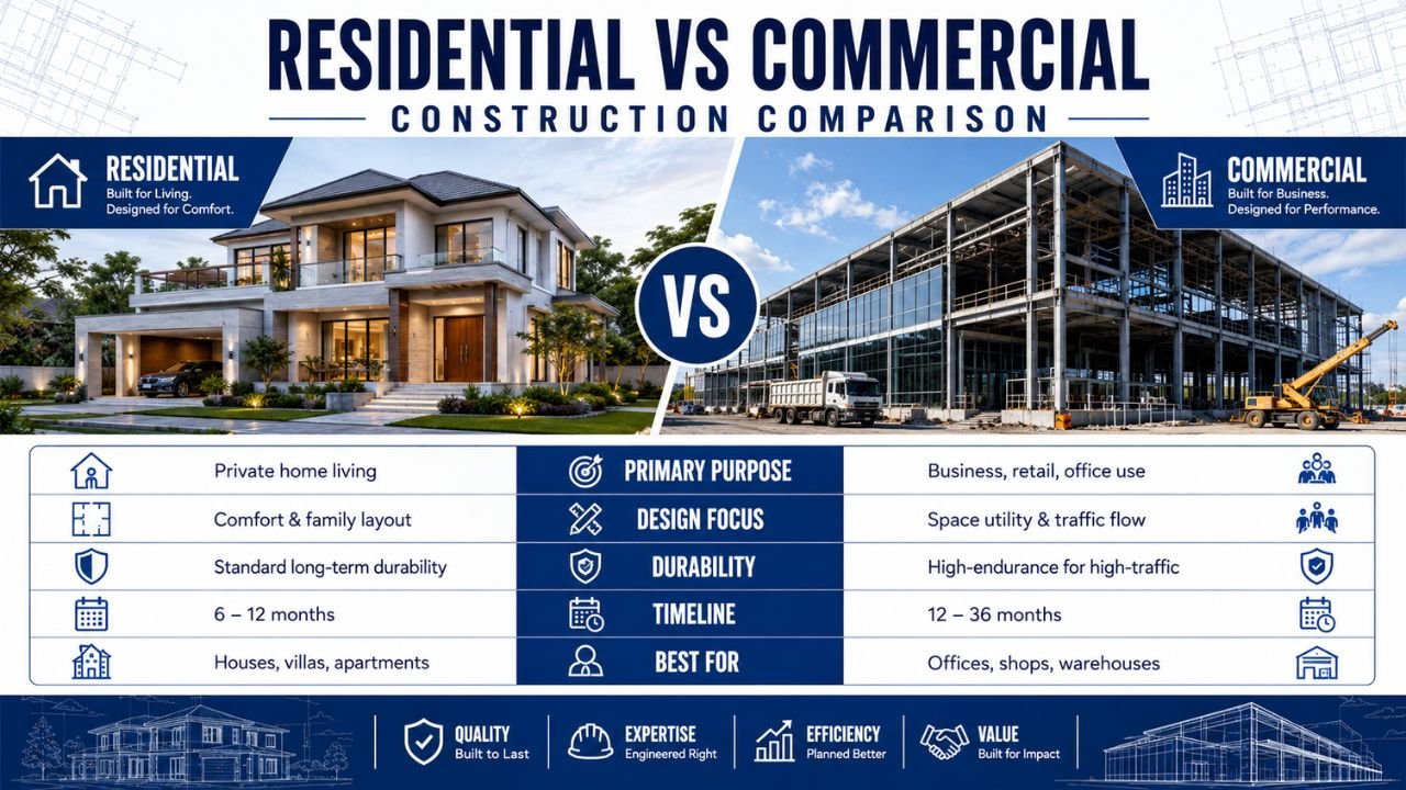 Residential vs commercial construction comparison showing differences in design, durability, timeline, purpose, and building types