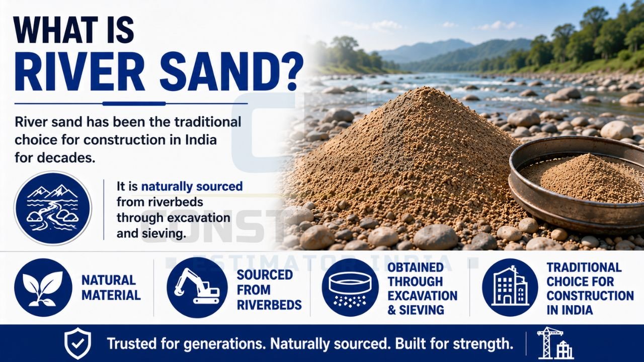 River sand infographic explaining its natural source, extraction process, and traditional use in construction.