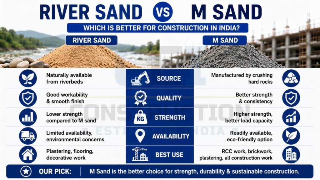Comparison infographic evaluating River Sand and M Sand based on source, quality, strength, availability, and construction applications.