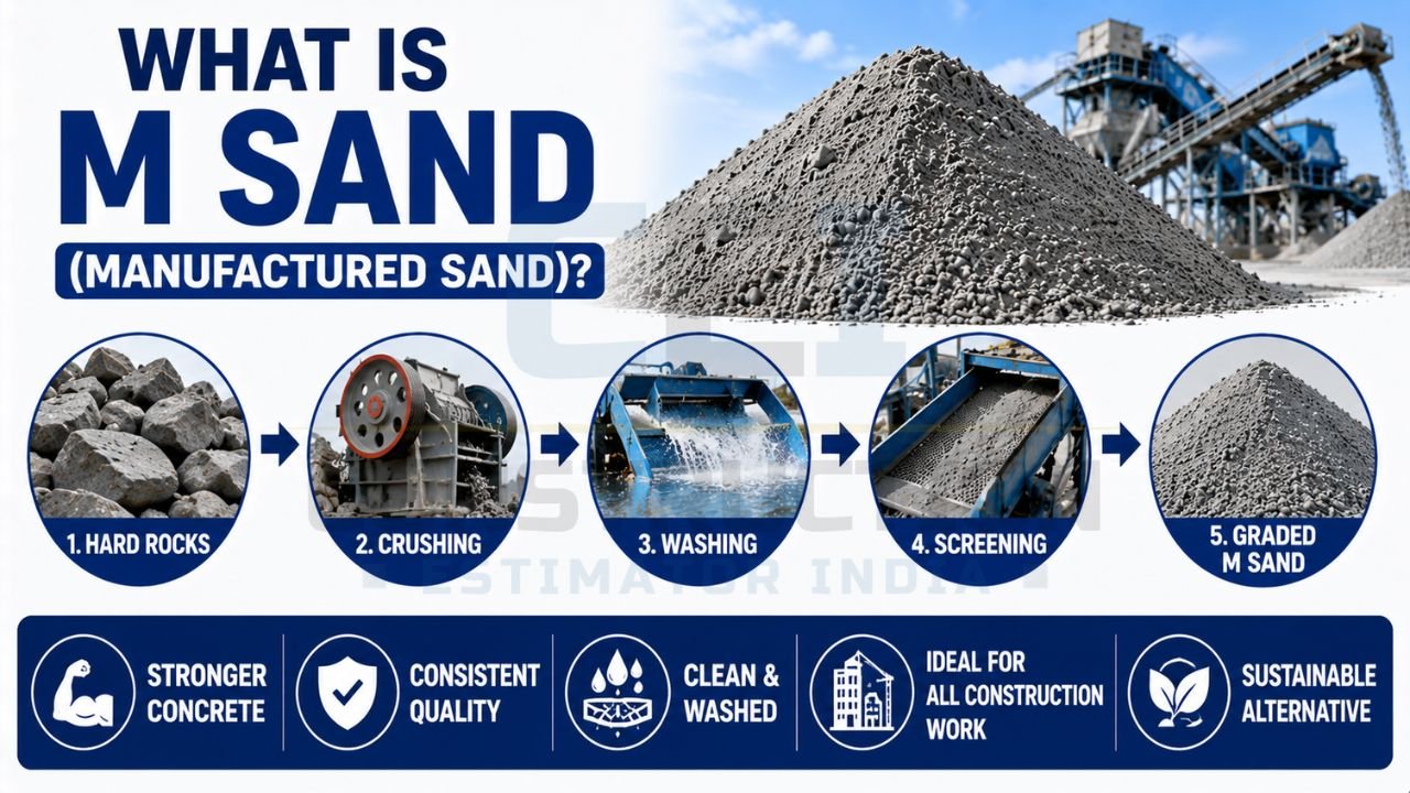 M Sand manufacturing process infographic showing rock crushing, washing, screening, and grading stages.