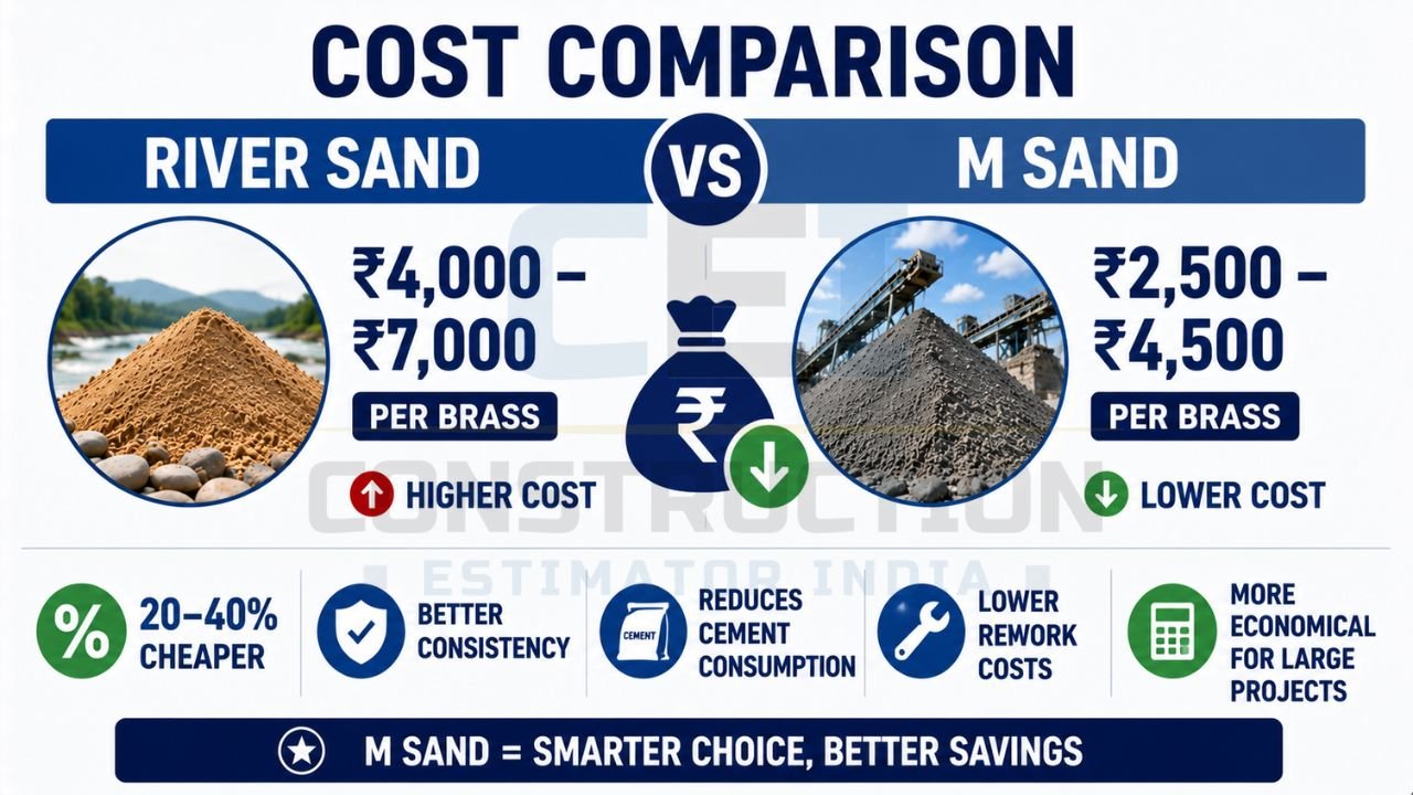 Cost comparison infographic showing River Sand and M Sand prices, benefits, and construction savings.