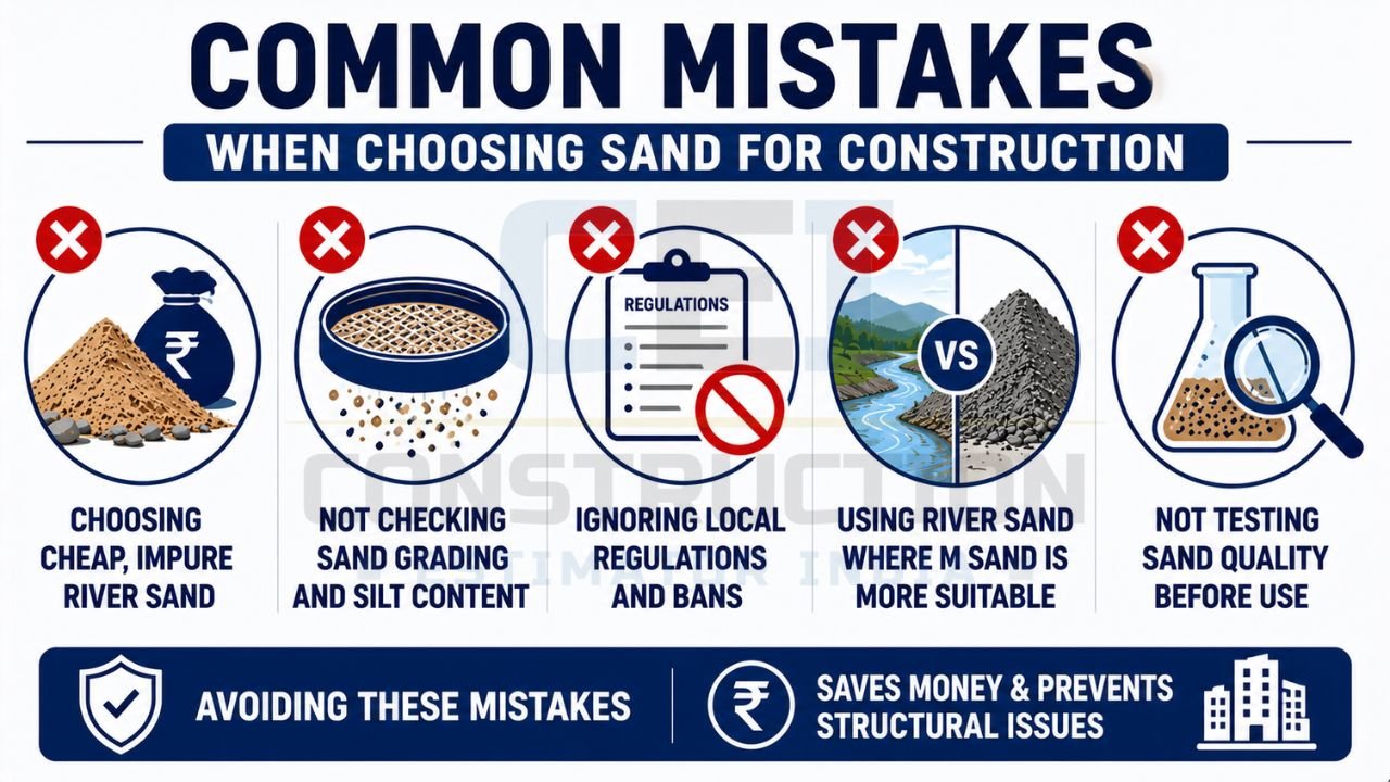 Construction sand infographic highlighting common mistakes such as choosing cheap river sand, ignoring regulations, and not testing sand quality.