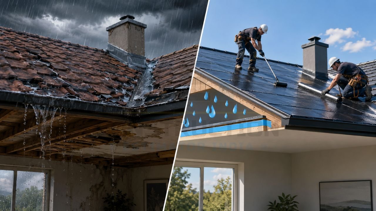 Leaking roof before and after waterproofing showing roof repair, waterproof coating application, and effective rain leak prevention