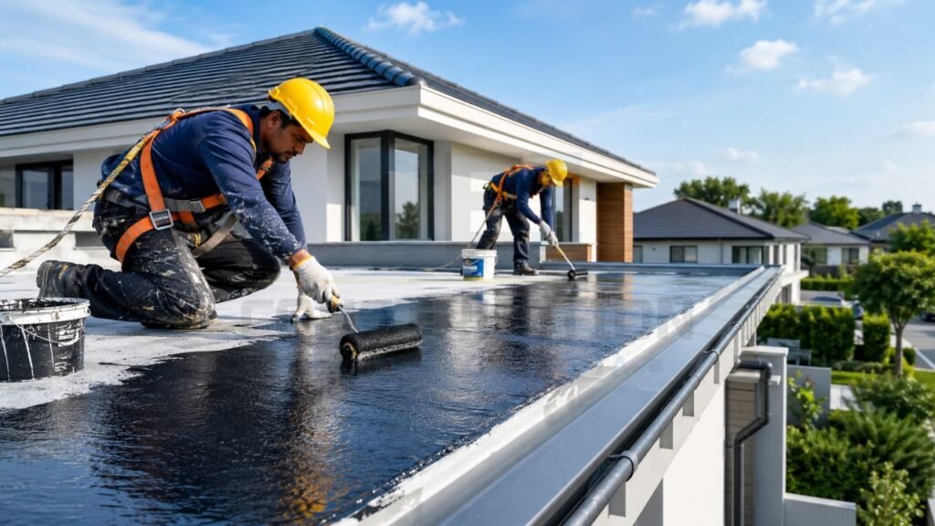 Workers applying waterproof roof coating on a residential house rooftop using rollers for terrace waterproofing and leak protection