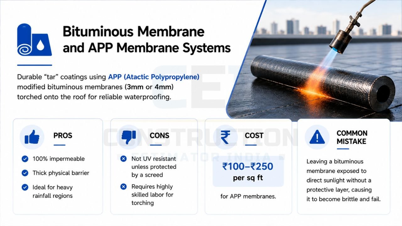 Bituminous membrane and APP membrane waterproofing system showing torch-applied roof membrane, benefits, drawbacks, installation cost, and common application mistakes