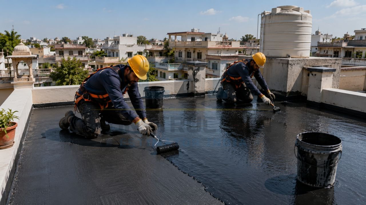Workers applying liquid waterproofing coating on a residential terrace roof using paint rollers for roof leak protection and waterproofing
