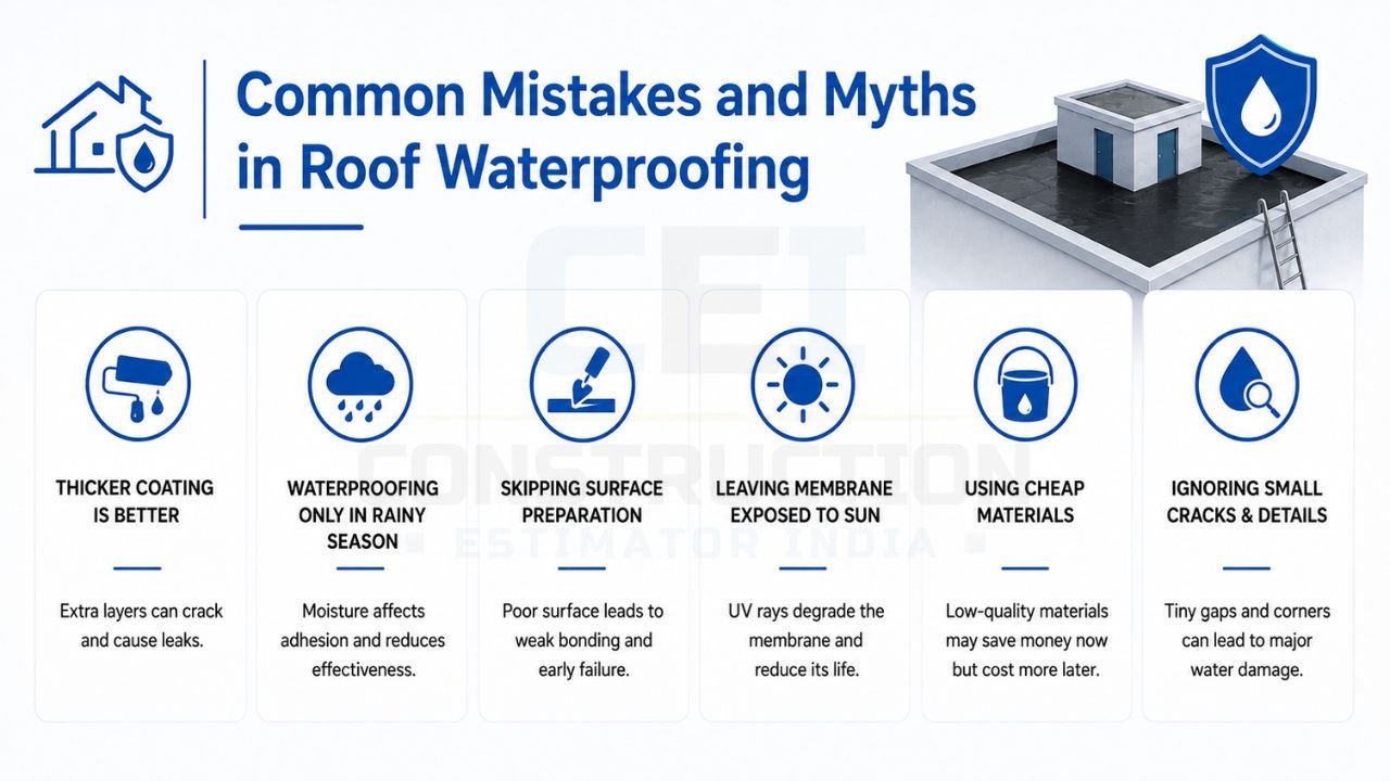 Common mistakes and myths in roof waterproofing including thick coatings, poor surface preparation, UV exposure, cheap materials, and ignored roof cracks