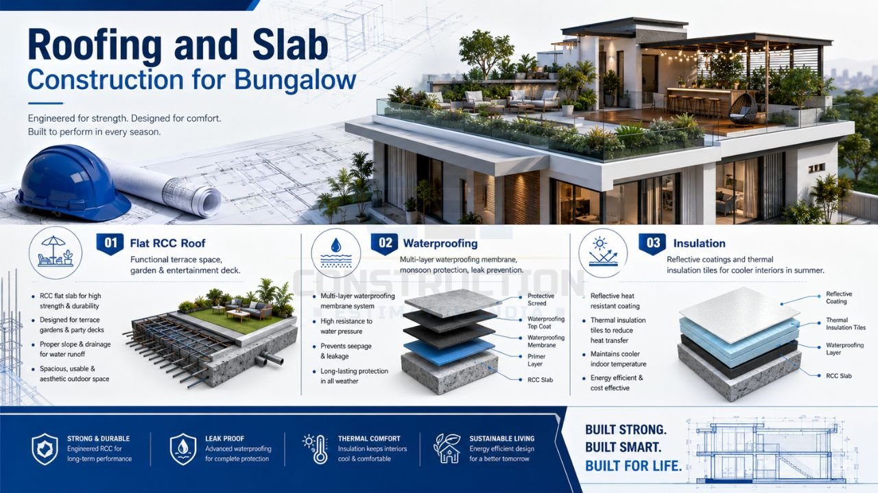 Bungalow roofing and slab construction showing RCC roof slab, waterproofing layers, thermal insulation system, and terrace design