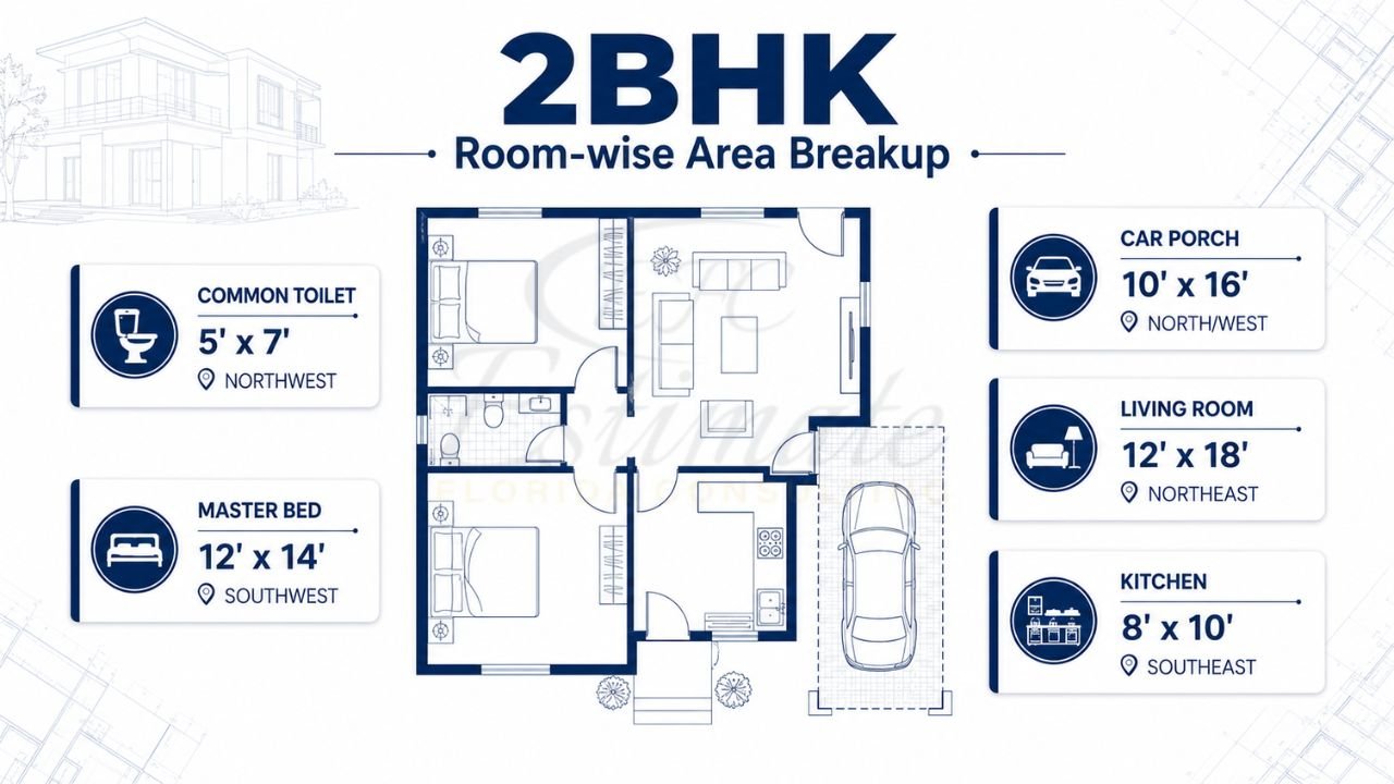 2BHK house plan showing room-wise area breakup with master bedroom, living room, kitchen, common toilet, and car porch dimensions