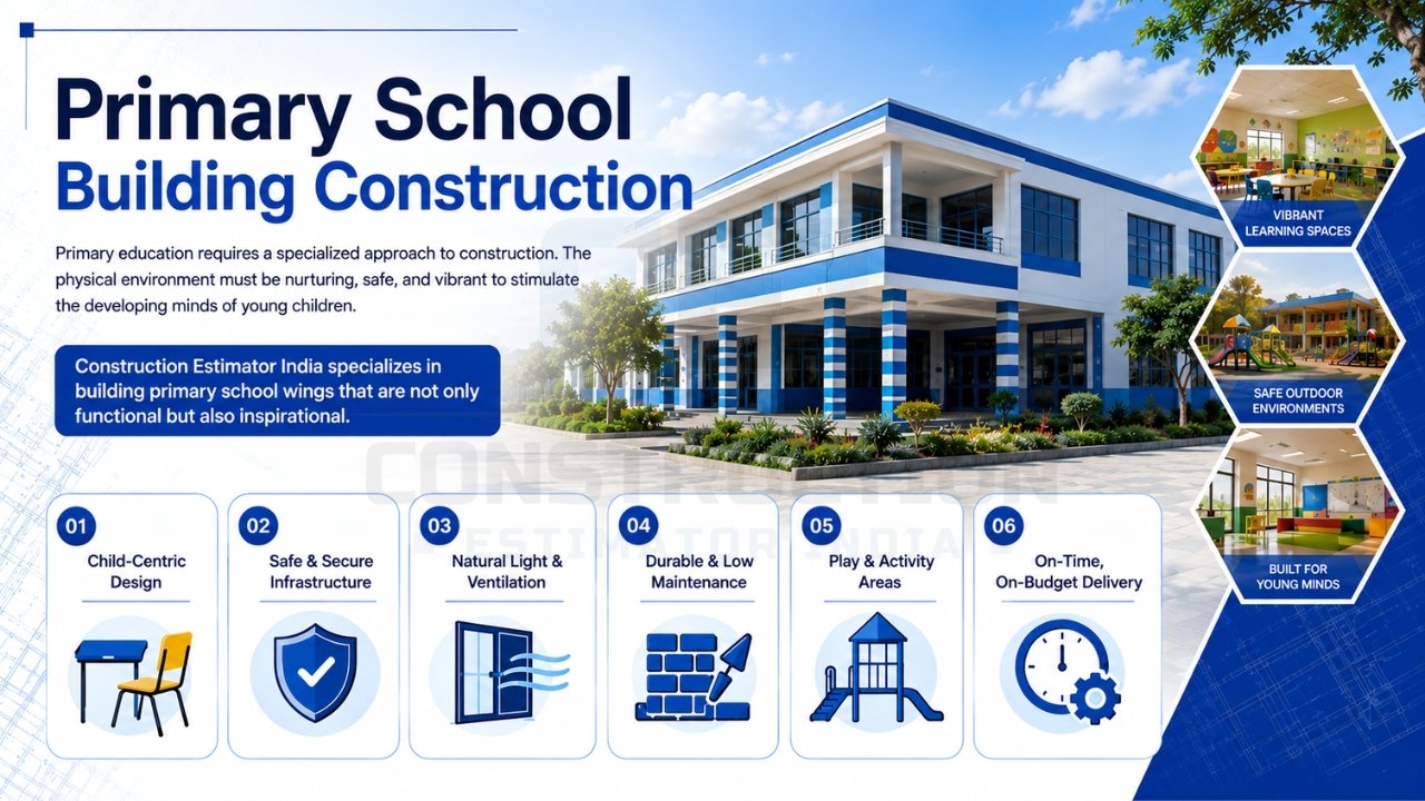 Modern primary school building with child-friendly design, safe infrastructure, natural lighting, play areas, and vibrant learning spaces.