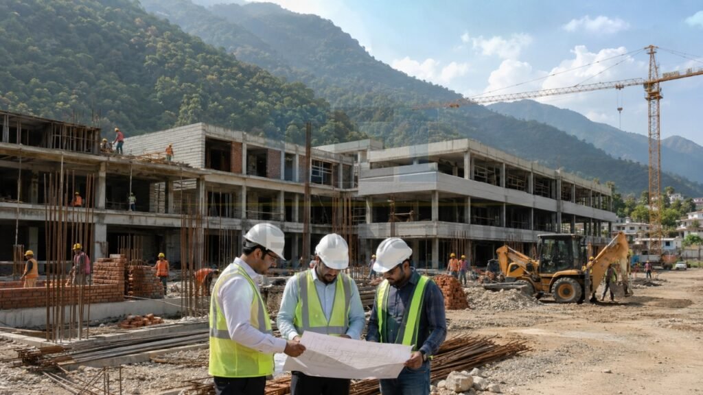 Commercial construction project with engineers reviewing building plans at a large multi-story development site in a mountainous region.