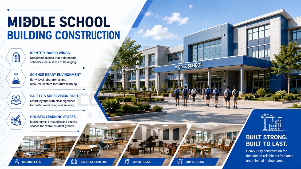 Modern middle school building with science labs, resource centers, and creative learning spaces