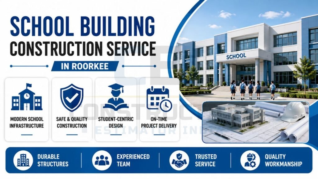 Modern school building construction service infographic featuring quality infrastructure, student-focused design, safe construction practices, and timely project delivery.