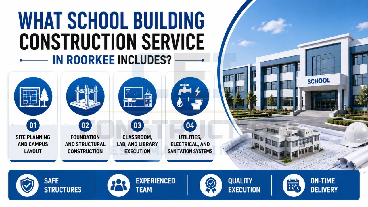 Infographic showing school building construction services including site planning, structural construction, classroom development, and utility installations.