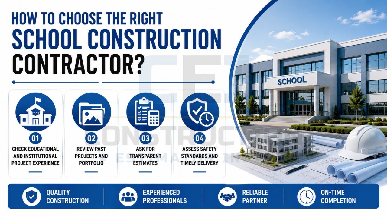 School construction contractor selection infographic highlighting experience, portfolio review, transparent estimates, safety standards, and project delivery.