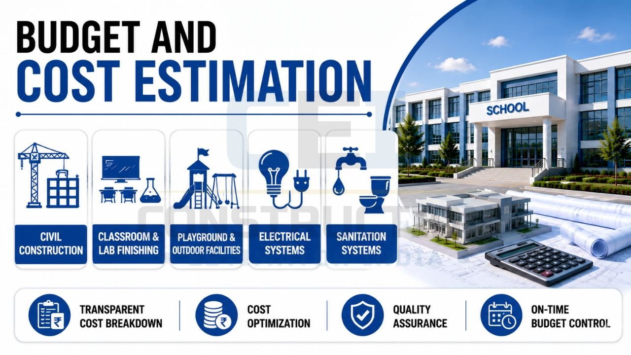 Infographic explaining school construction cost estimation including civil works, classroom finishing, playground development, electrical systems, and sanitation facilities.