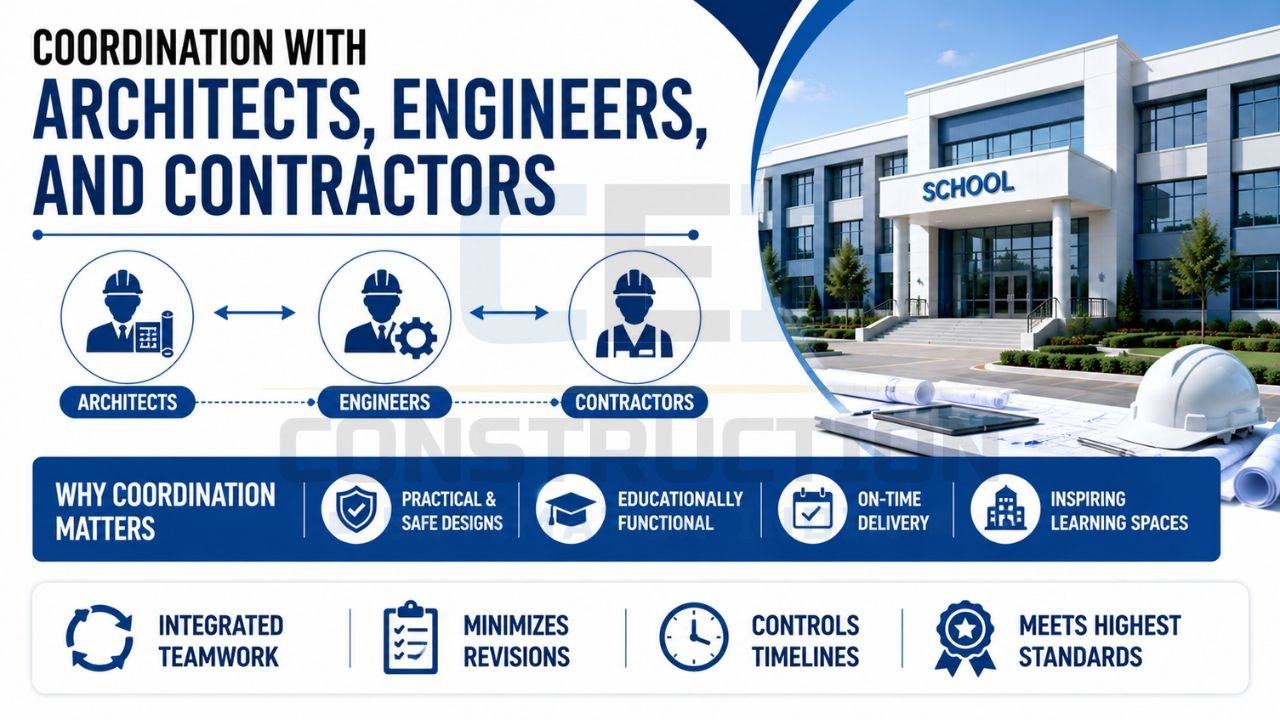 School construction infographic showing collaboration between architects, engineers, and contractors for safe designs, timely delivery, and quality educational spaces.