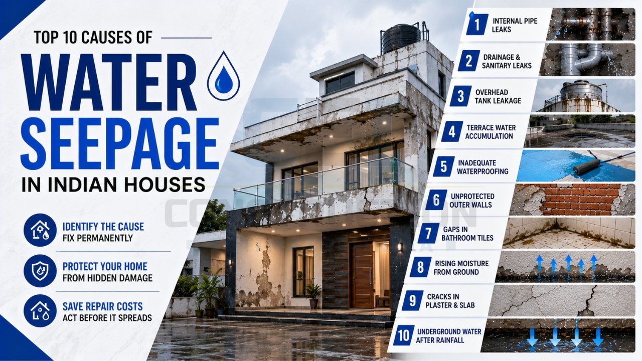 Top causes of water seepage in Indian houses including leaks, cracks, and poor waterproofing