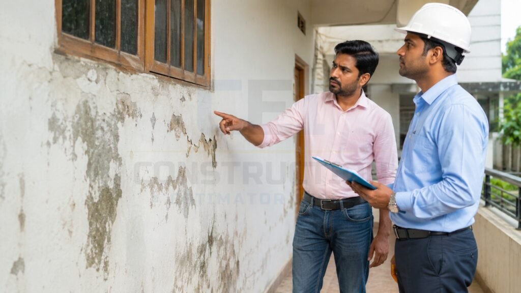 Engineer inspecting damp walls and water damage in a residential building