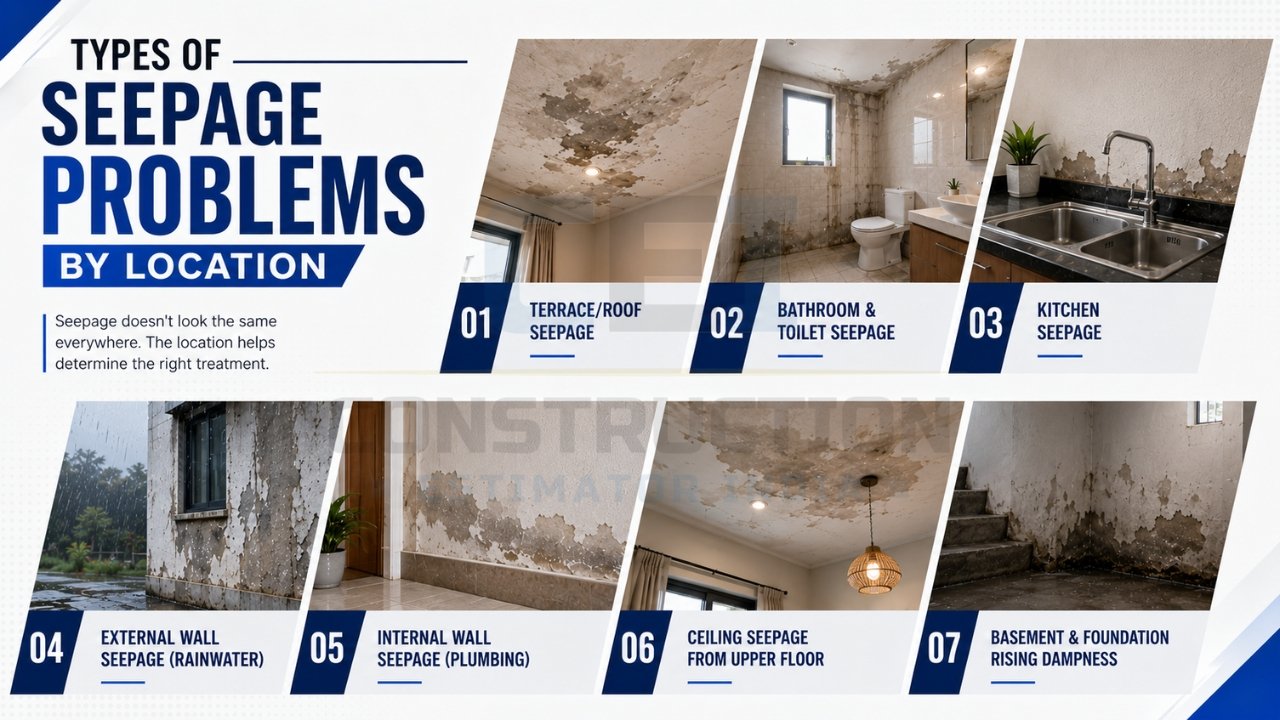 Types of seepage problems by location in homes, including roof, bathroom, kitchen, and wall seepage