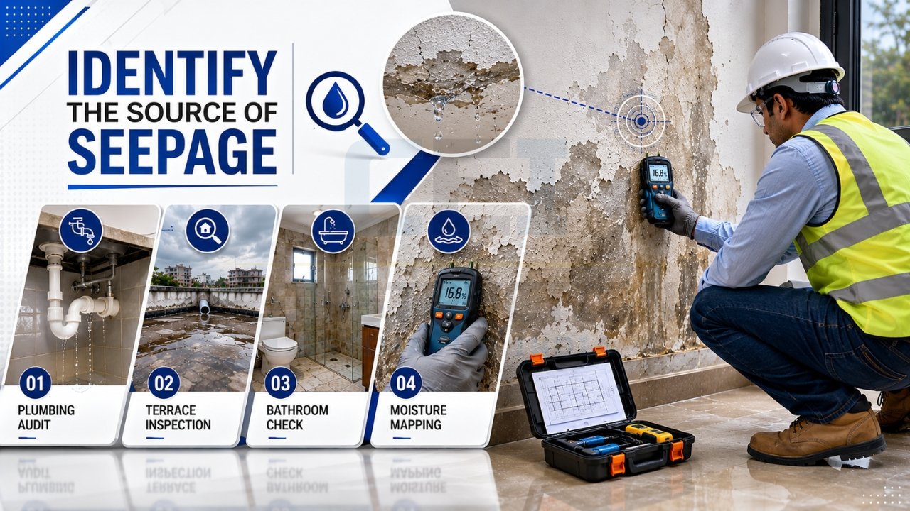 How to identify the source of wall seepage using moisture testing and inspection methods