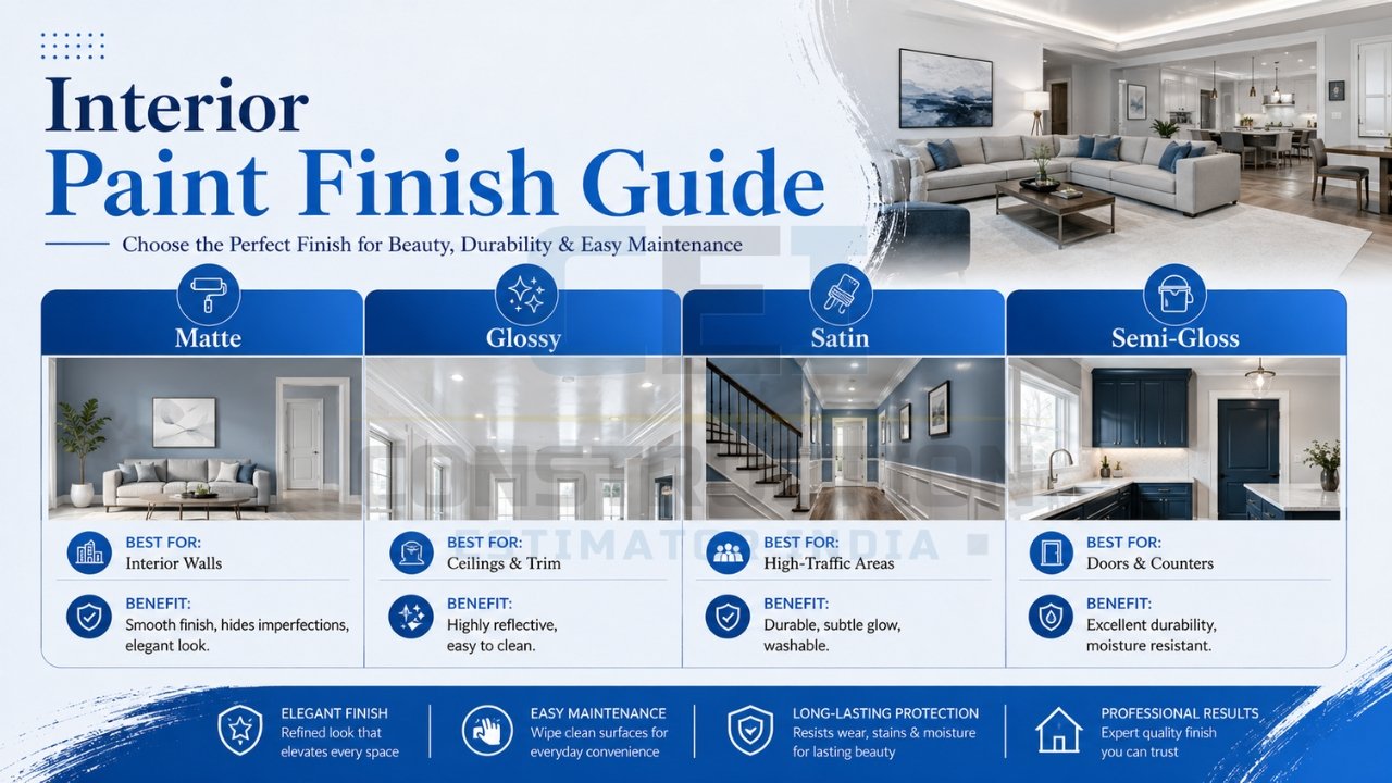 Interior paint finish guide infographic comparing matte, glossy, satin, and semi-gloss finishes for different indoor surfaces and applications