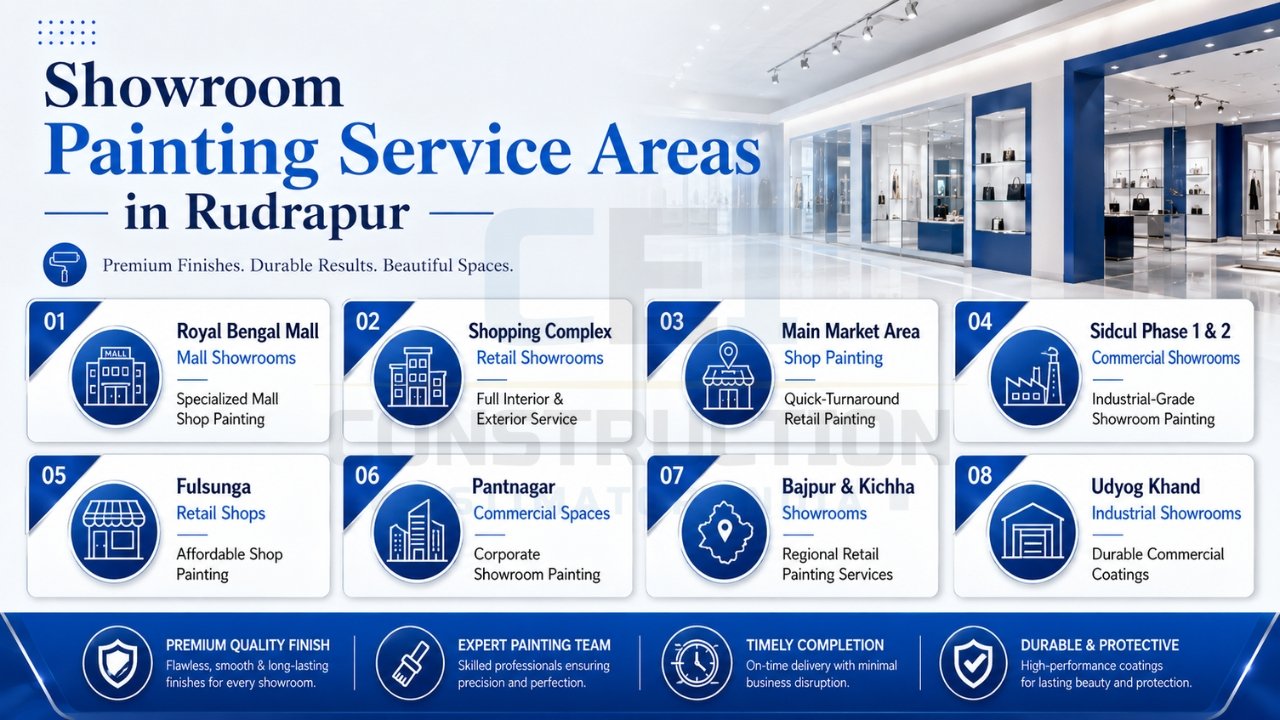 Showroom painting service areas in Rudrapur infographic highlighting mall showrooms, retail shops, commercial spaces, industrial showrooms, and regional painting coverage