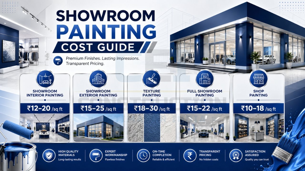 Showroom painting cost guide infographic showing interior, exterior, texture, full showroom, and shop painting rates per square foot