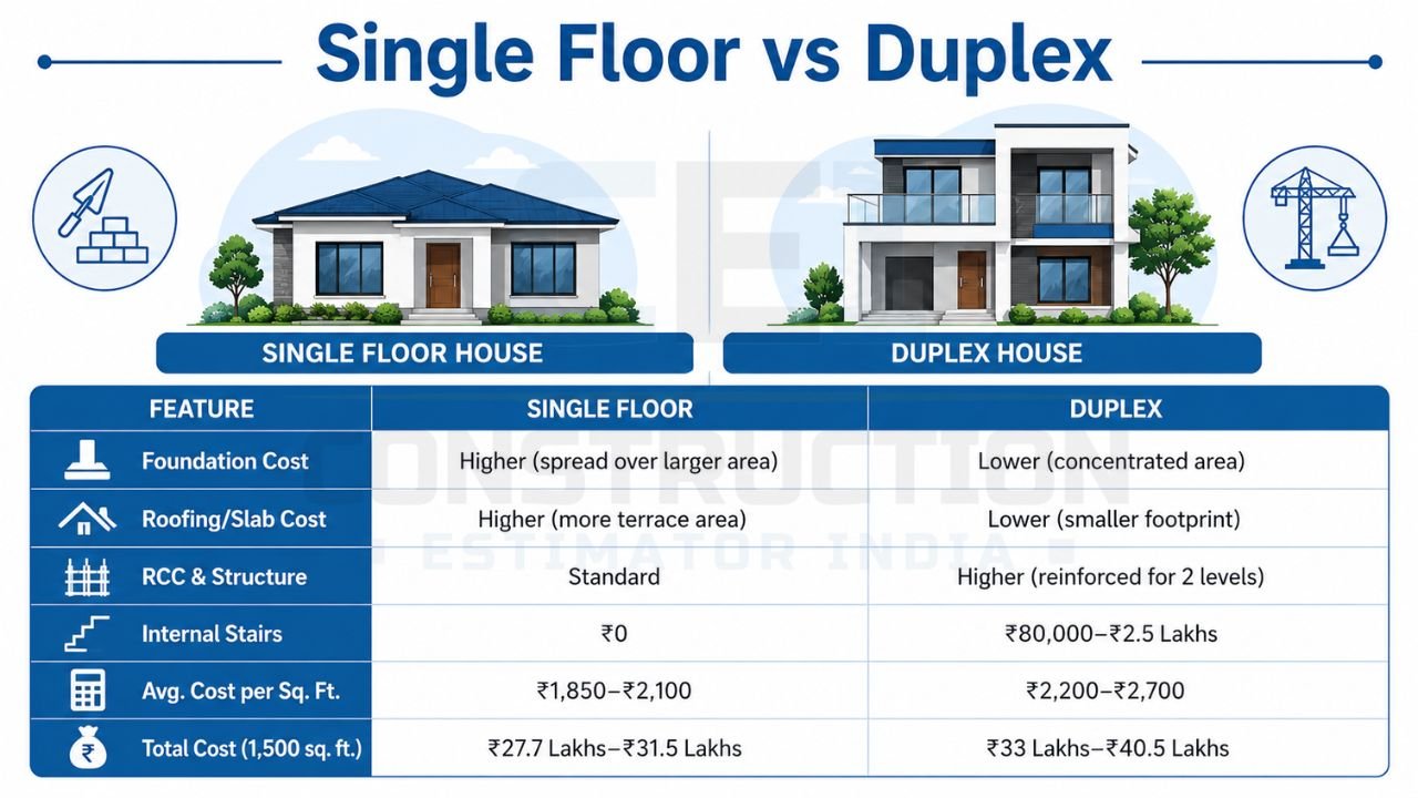 Infographic comparing a single floor house and duplex house with construction costs, foundation, roofing, RCC structure, staircase cost, cost per square foot, and total building cost.