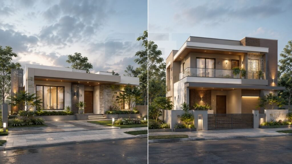 Comparison of a modern single floor house and a duplex house showing differences in exterior design, space utilization, construction cost, and residential architecture.