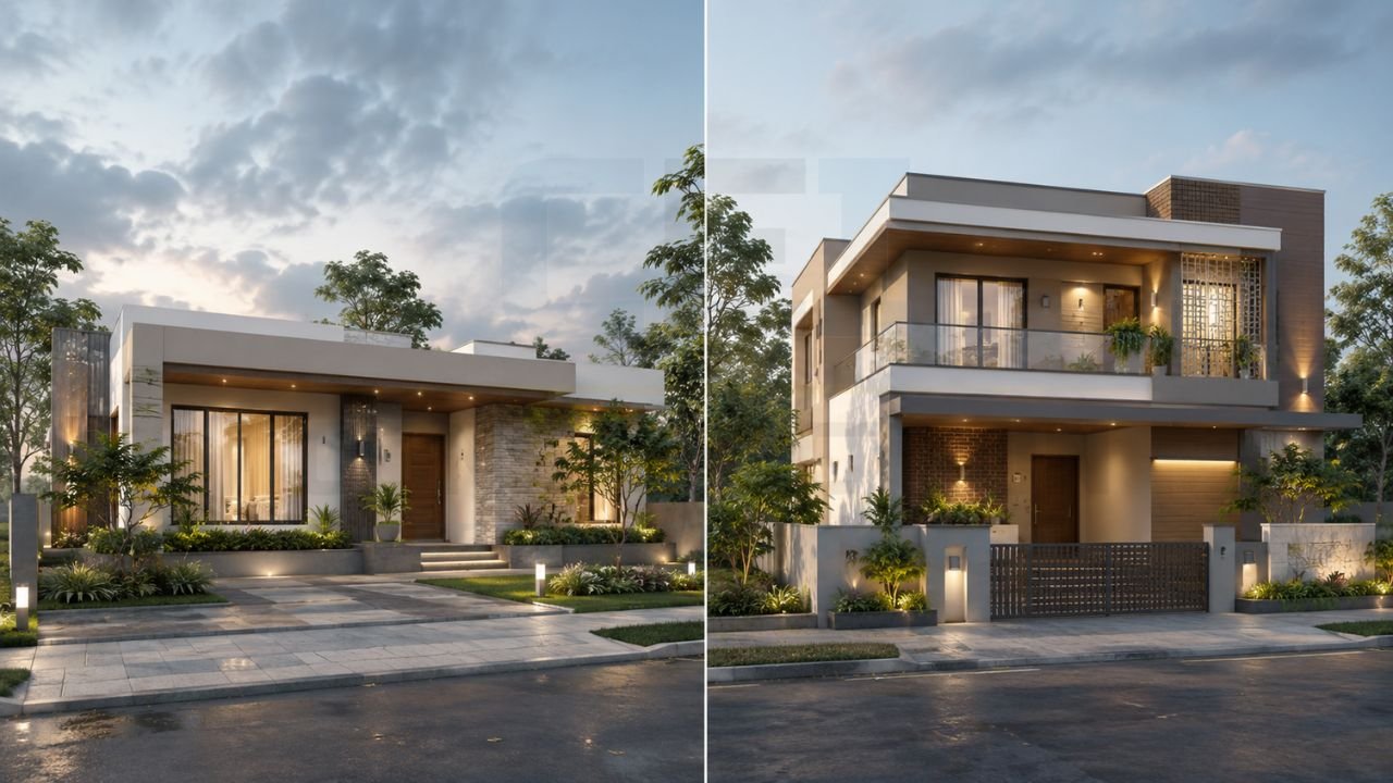 Comparison of a modern single floor house and a duplex house showing differences in exterior design, space utilization, construction cost, and residential architecture.