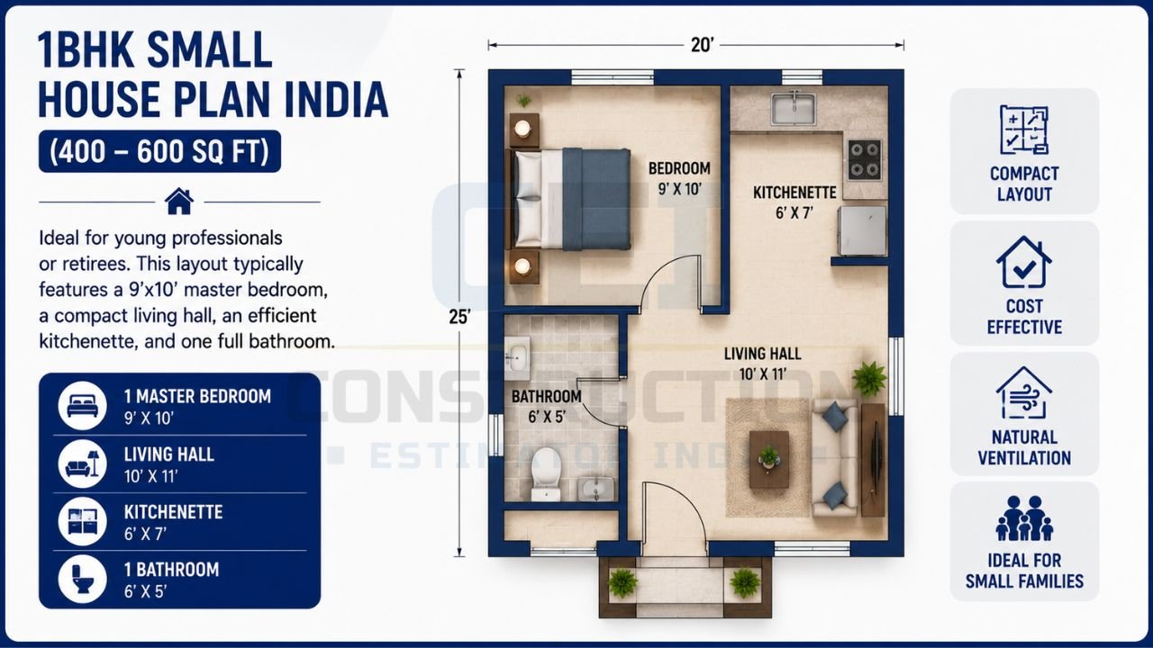Detailed 1BHK small house floor plan featuring a bedroom, living hall, kitchenette, bathroom, room dimensions, and compact layout for Indian homes.