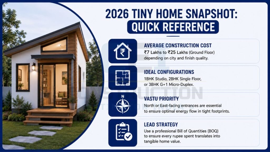 Infographic summarizing tiny home construction costs, popular configurations, Vastu recommendations, and BOQ planning tips for 2026.