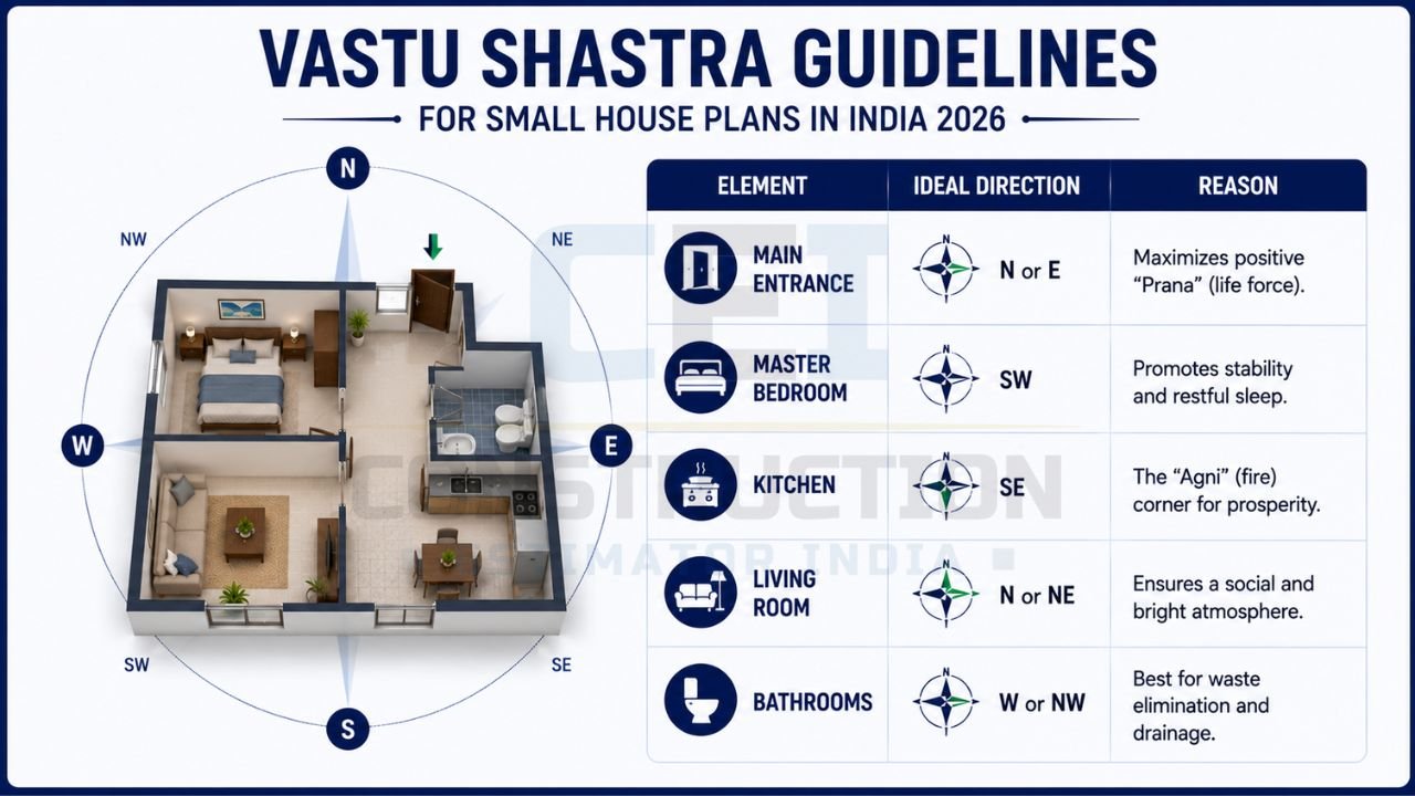 Vastu Shastra infographic showing ideal directions for the main entrance, master bedroom, kitchen, living room, and bathrooms in small house plans.