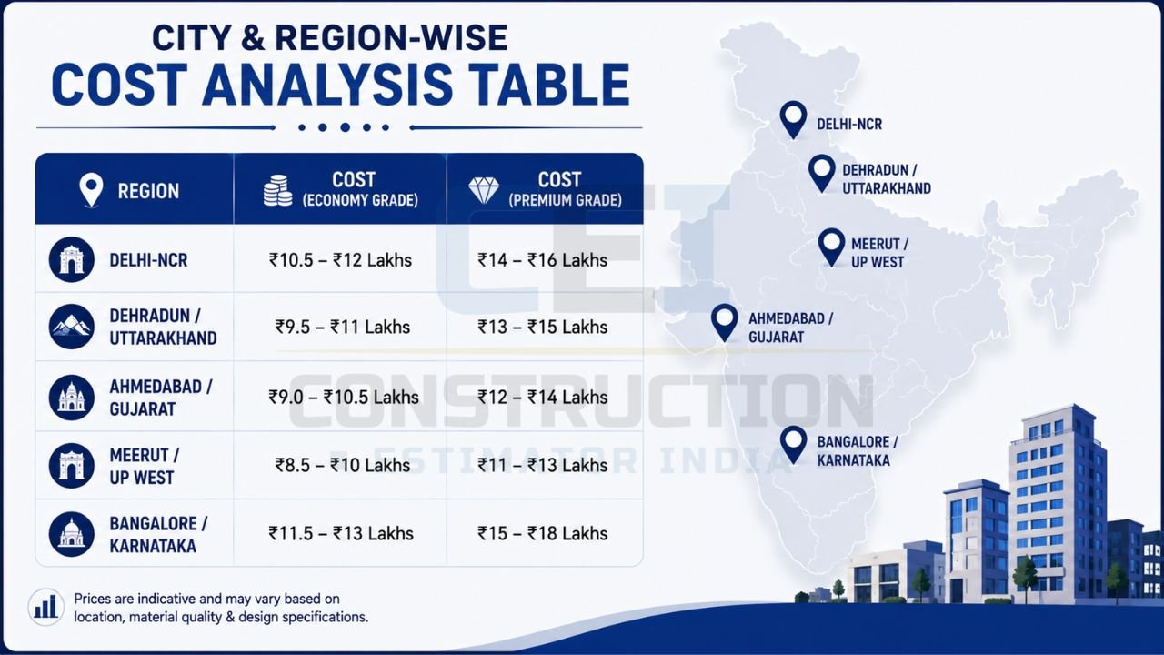 Infographic comparing economy and premium house construction costs across Delhi-NCR, Dehradun, Ahmedabad, Meerut, and Bangalore in 2026.