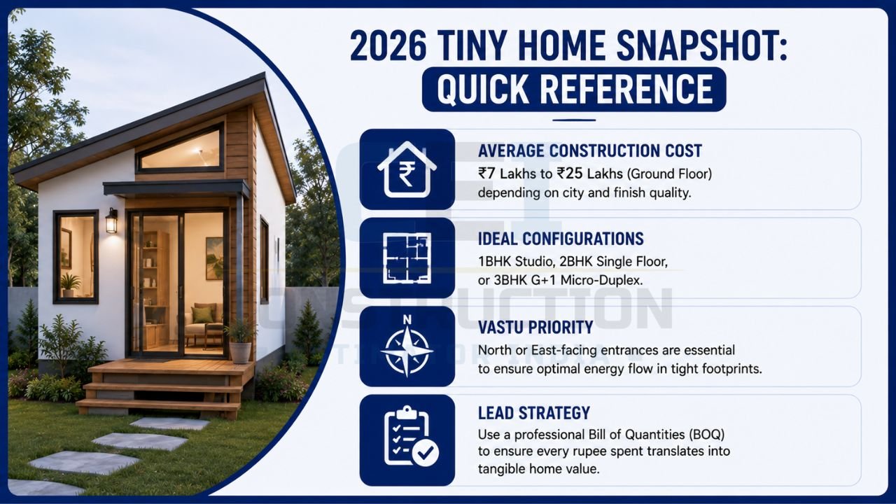 Infographic summarizing tiny home construction costs, popular configurations, Vastu recommendations, and BOQ planning tips for 2026.