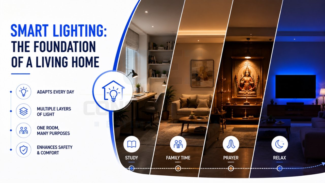 Smart lighting for modern homes with adaptive lighting design for study, family time, prayer, and relaxation