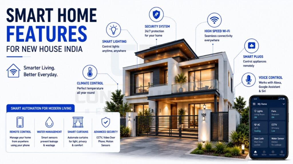 Smart home features for new house construction in India with home automation, security, and energy-efficient technology