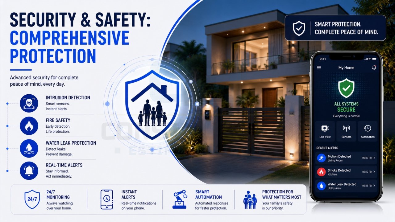 Smart home security and safety system with intrusion detection, fire protection, water leak monitoring, and real-time alerts