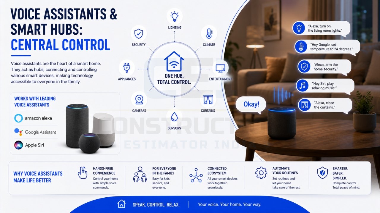 Voice assistants and smart home hubs for centralized control of lighting, security, climate, appliances, and entertainment