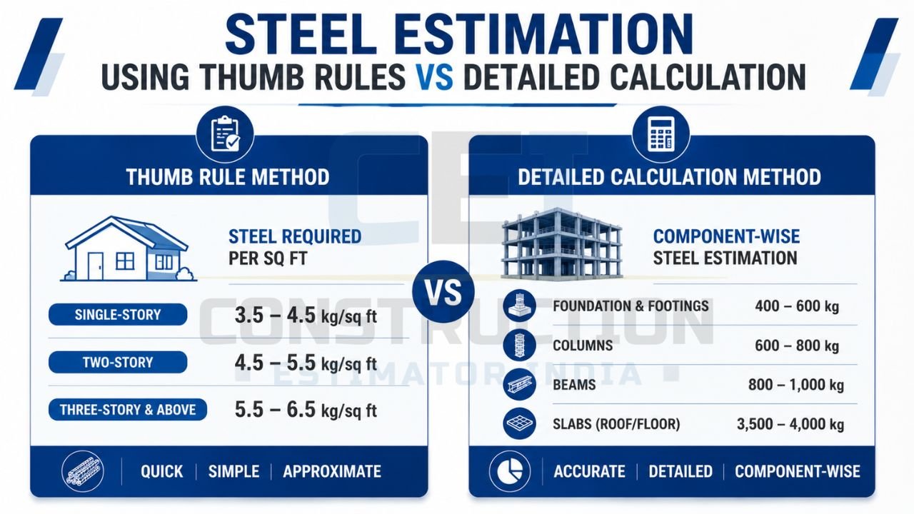 Infographic comparing thumb rule steel estimation and detailed steel calculation methods for residential construction.