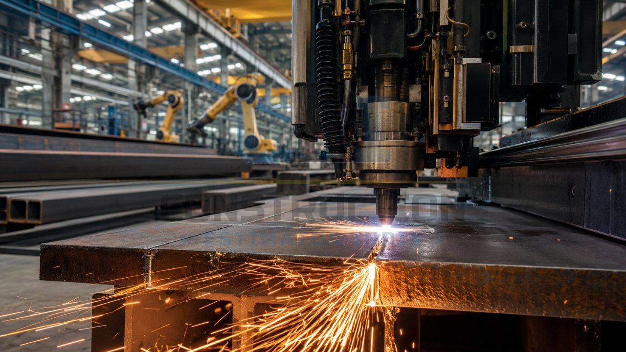Industrial laser cutting machine cutting a metal sheet with sparks in a modern manufacturing facility.