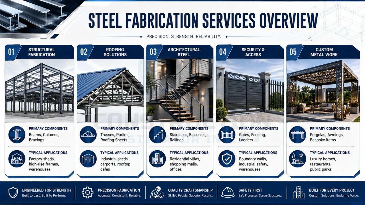 Steel fabrication services overview infographic showing structural steel, roofing, architectural steel, security gates, and custom metal work applications.