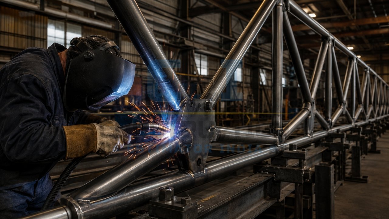 Welder fabricating a steel truss structure in an industrial workshop using arc welding equipment.