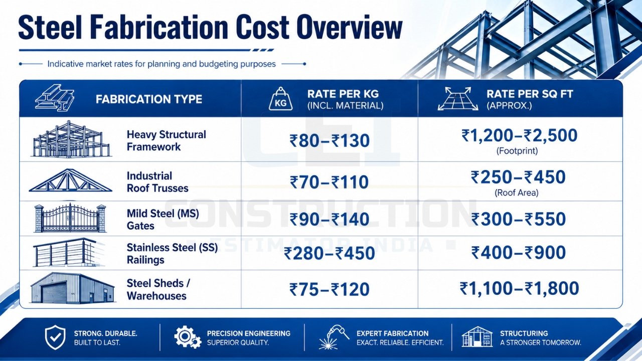 Steel fabrication cost overview infographic showing rates for structural steel, roof trusses, MS gates, SS railings, and steel sheds.
