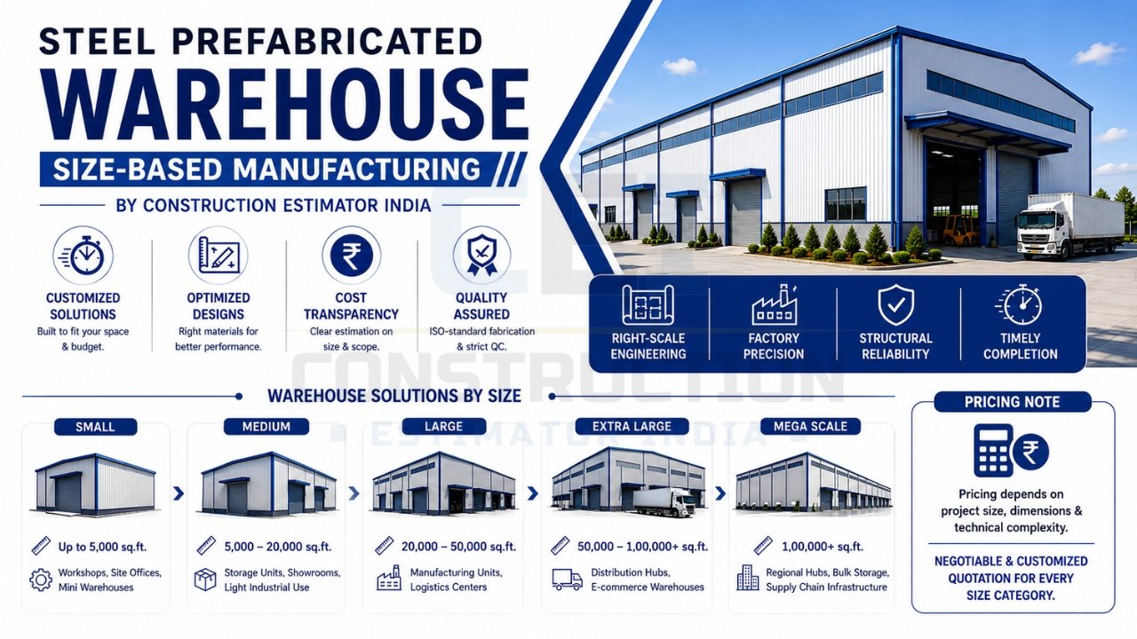 Steel prefabricated warehouse manufacturing with size-based solutions for industrial storage, logistics centers, and distribution facilities.