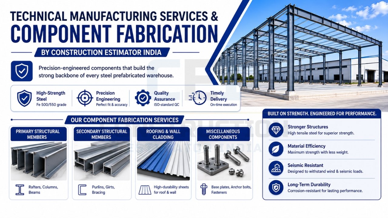 Technical manufacturing and component fabrication services for steel prefabricated warehouses with precision-engineered structural components.