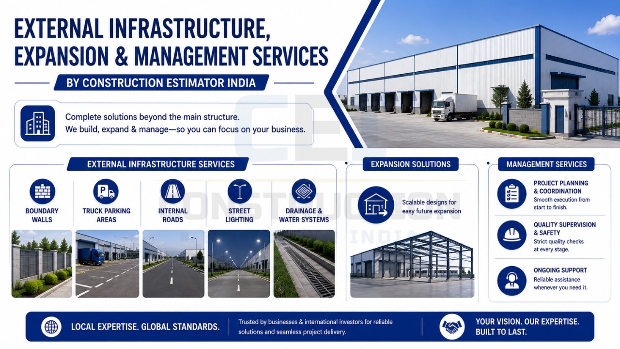 Warehouse external infrastructure, expansion, and management services with roads, parking, drainage systems, and facility development.