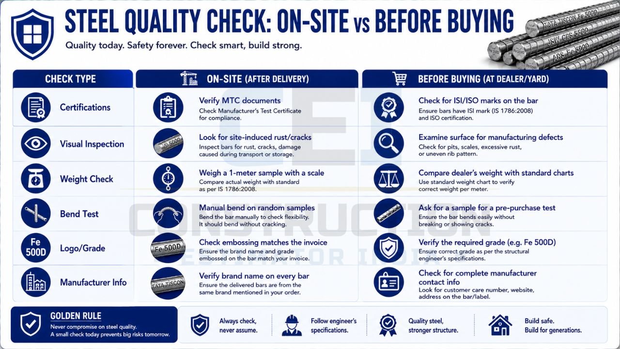Infographic comparing steel quality checks before purchasing TMT bars and after delivery, including certification verification, visual inspection, weight checks, bend tests, and grade identification.